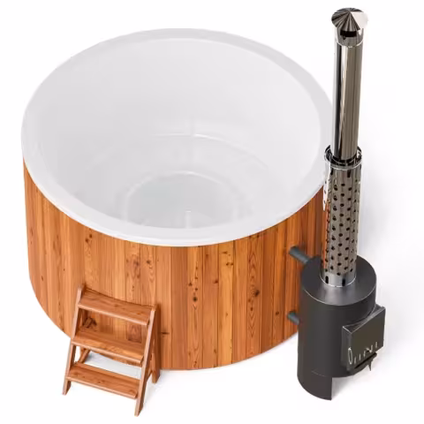 Круглая купель POLARSPA COMFORT 195 HOT с внешней печью термососна светлая
