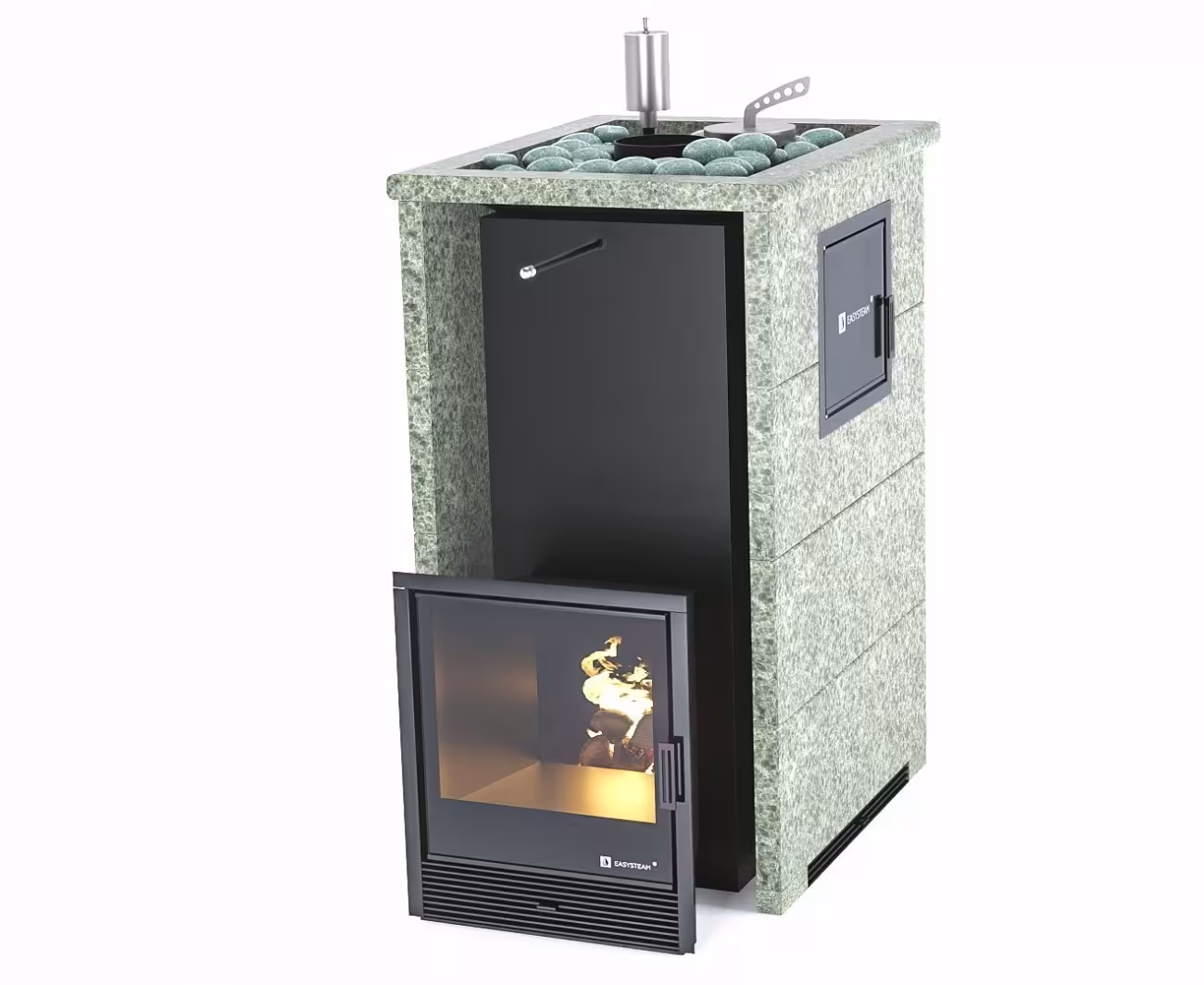 Дровяная печь EASYSTEAM Геленджик М2 (в трехстороннем кожухе с открытым верхом) сталь AISI 430 жадеит