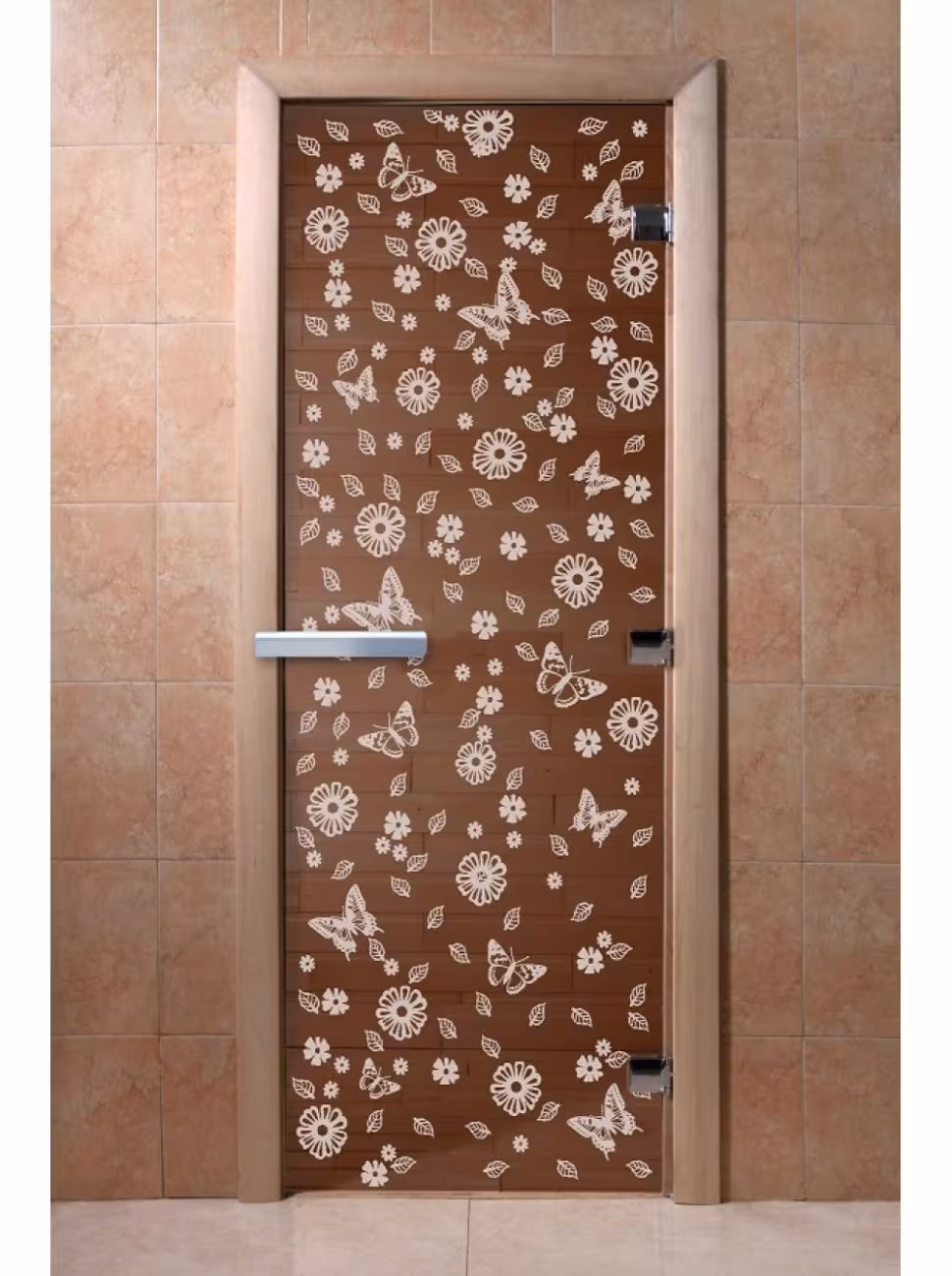 Дверь для бани и сауны Doorwood "Цветы и бабочки бронза" 800х1900 мм