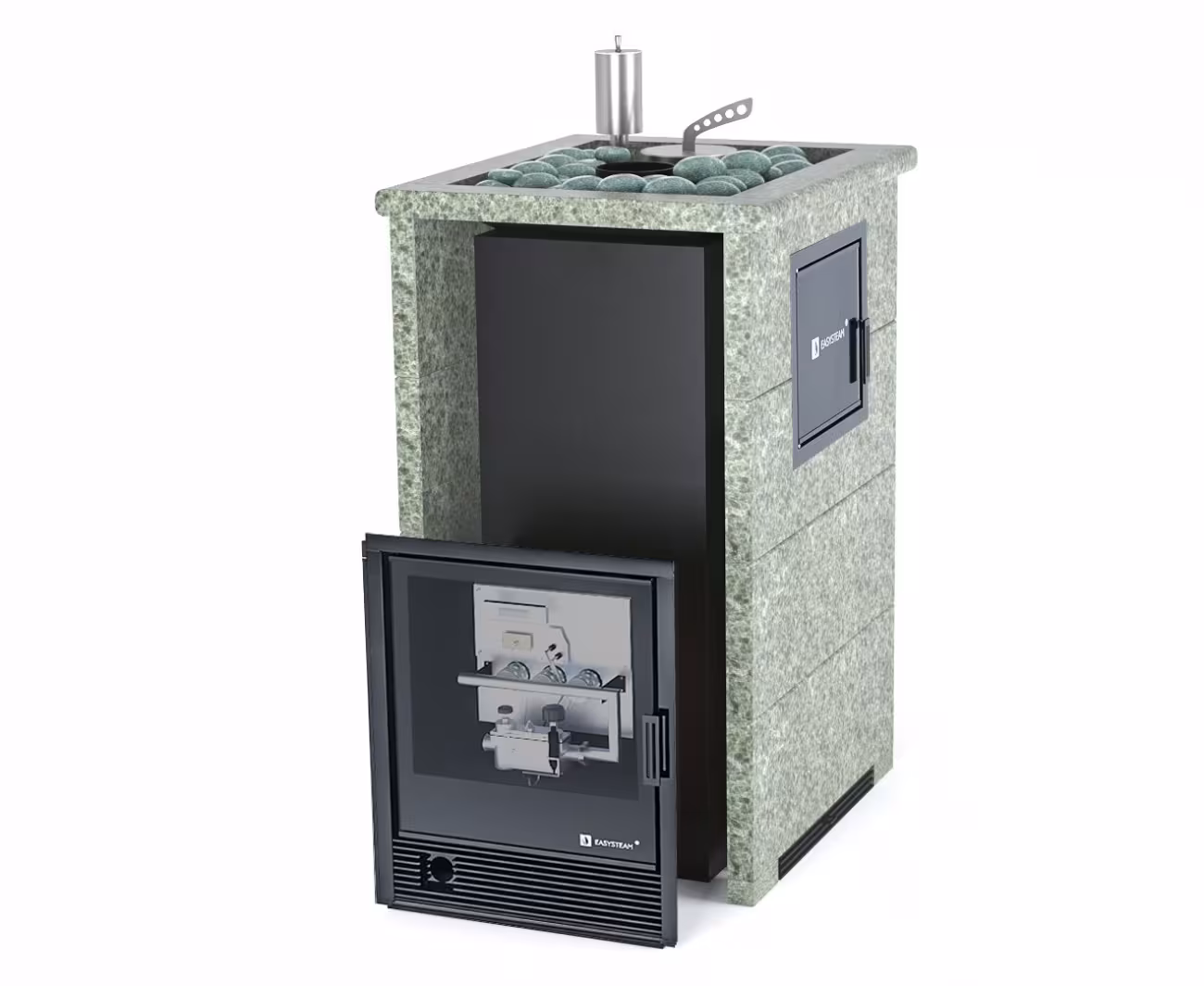 Газо-дровяная печь EASYSTEAM Сочи М2 (в трехстороннем кожухе с открытым верхом) сталь AISI 430 комплектация с САБК-40 жадеит