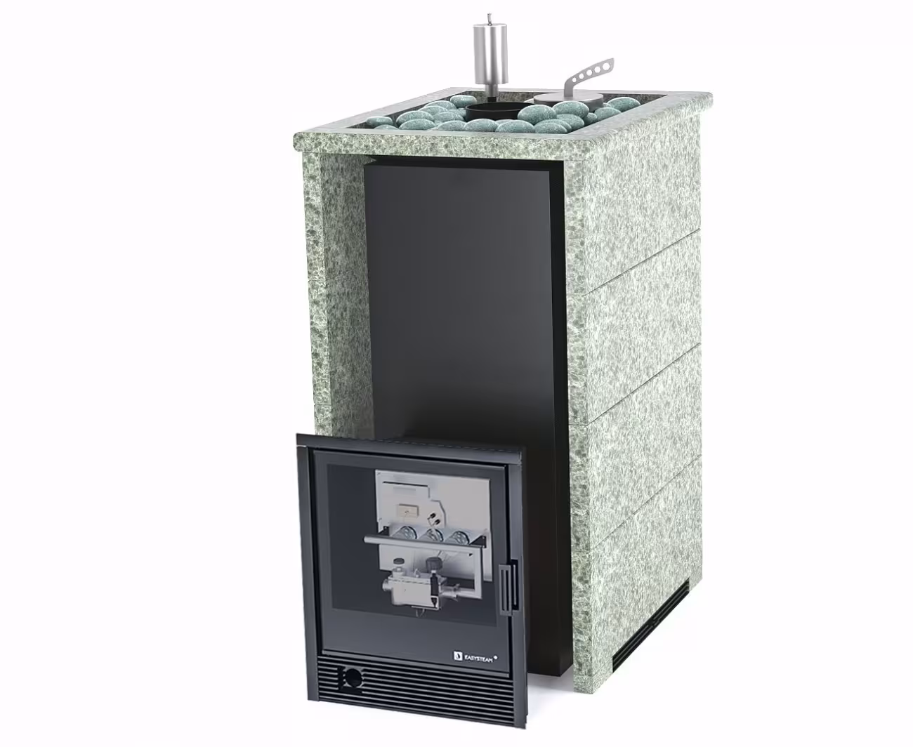 Газо-дровяная печь EASYSTEAM Геленджик (в трехстороннем кожухе с открытым верхом) сталь AISI 430 комплектация с САБК-40 жадеит