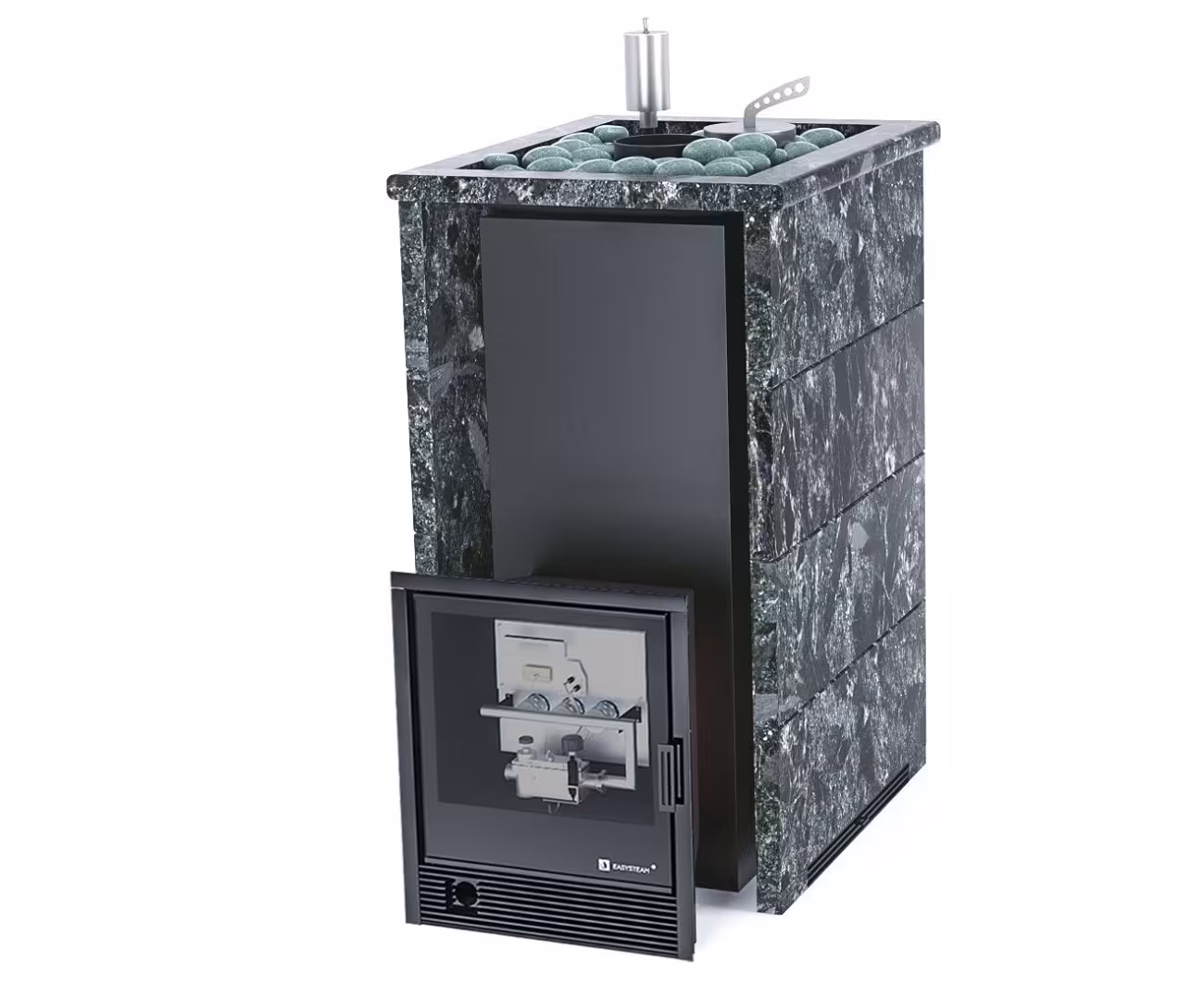 Газо-дровяная печь EASYSTEAM Геленджик (в трехстороннем кожухе с открытым верхом) сталь AISI 321 комплектация с САБК-40 пироксенит
