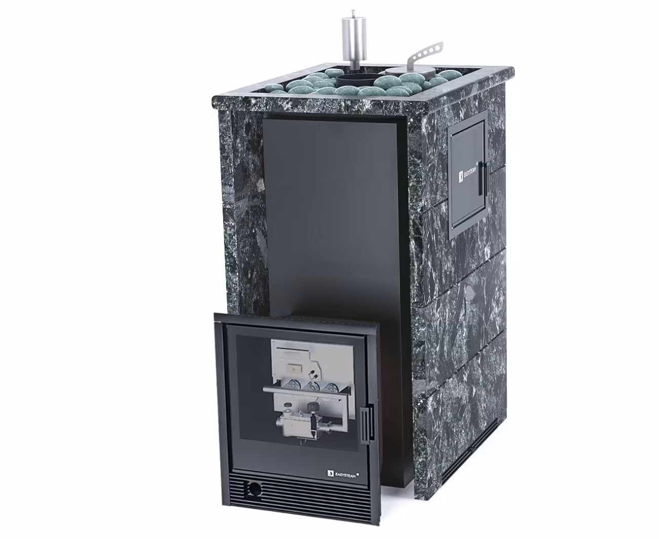 Газо-дровяная печь EASYSTEAM Геленджик М2 (в трехстороннем кожухе с открытым верхом) сталь AISI 321 комплектация с САБК-40 пироксенит