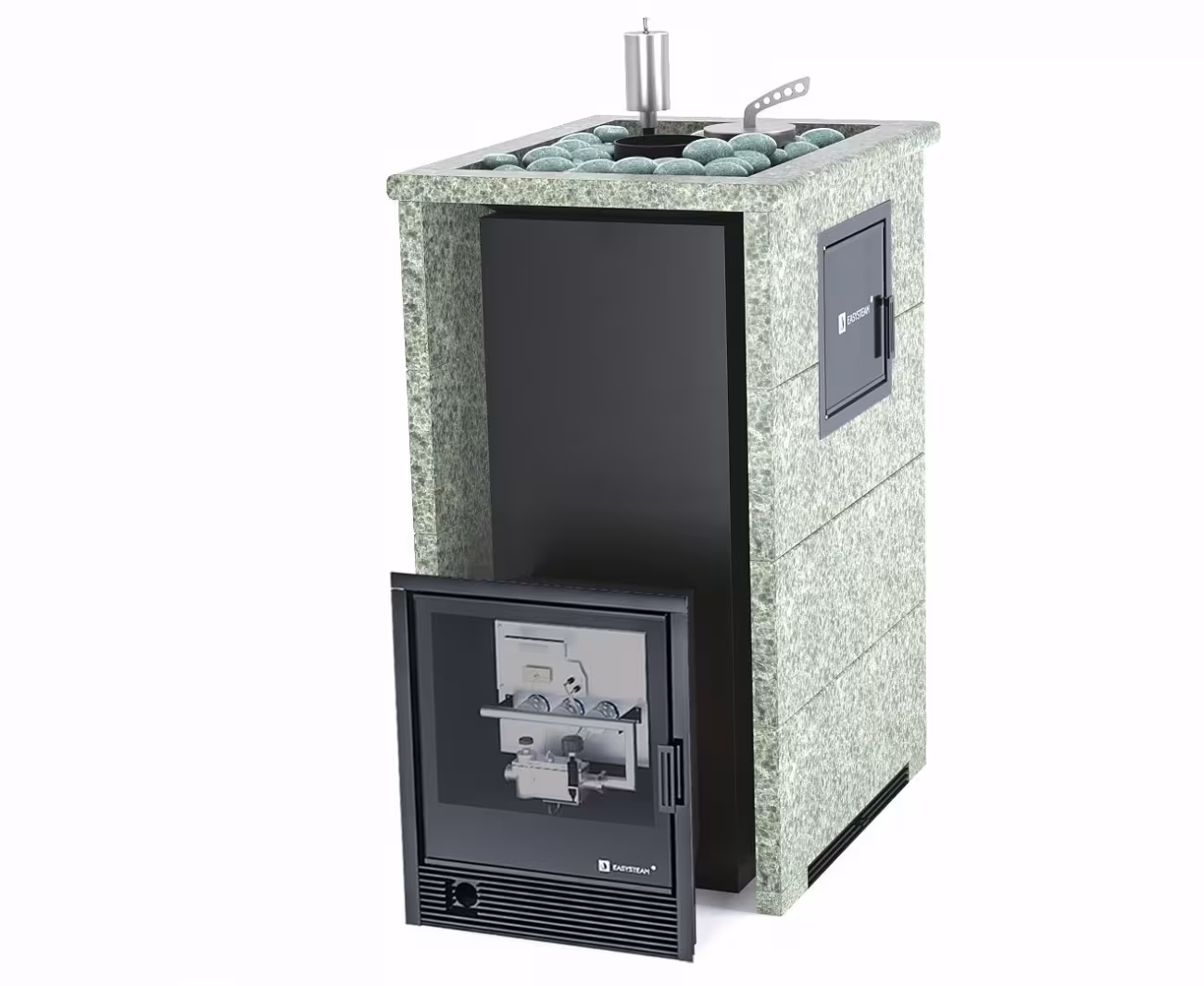 Газо-дровяная печь EASYSTEAM Геленджик М2 (в трехстороннем кожухе с открытым верхом) сталь AISI 321 комплектация с САБК-40 жадеит